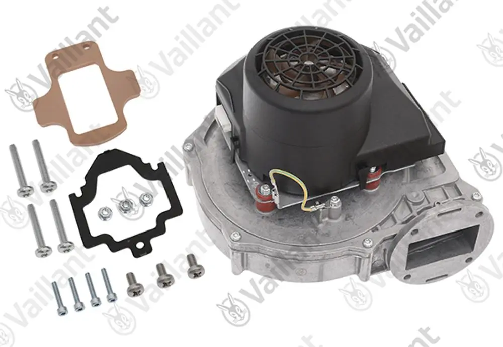 Vaillant Gebläse mit Motor und mehreren Schrauben sowie Dichtungen. Stückzahl und Anordnung der Teile sind klar erkennbar.
